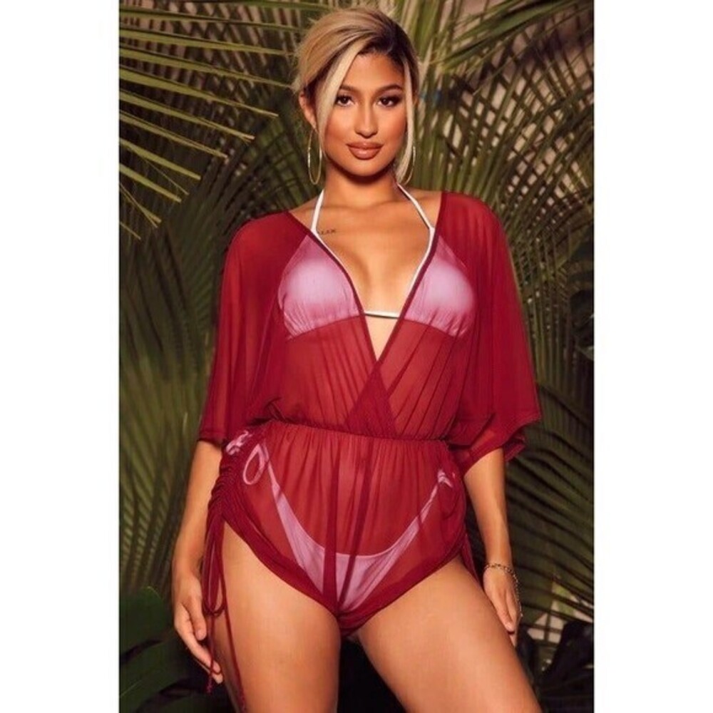 Versatile Burgundy Beach Mesh Cover Up Ruched Short Romper Size S RefM021